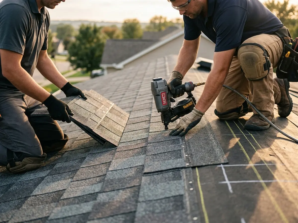 Professional roofer working on a residential roof in Salina